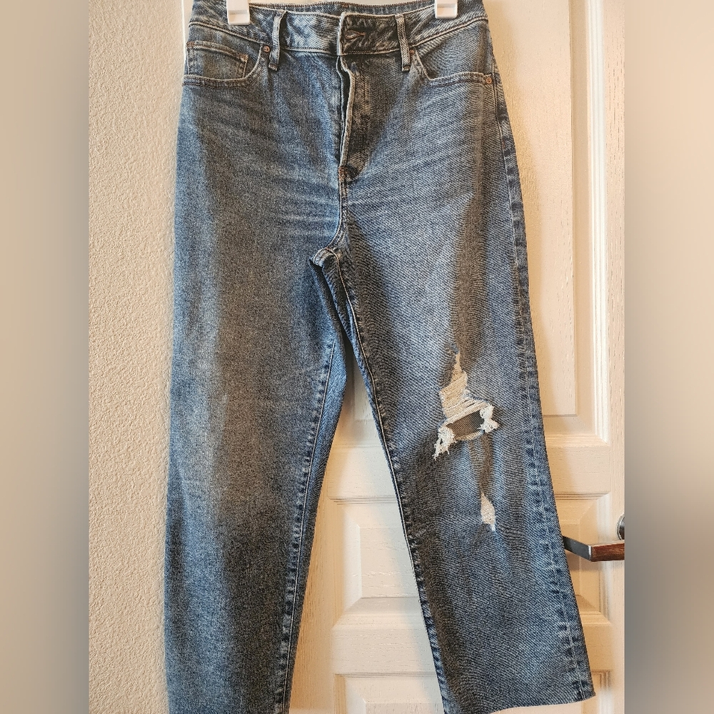 Express Jeans High Waisted Medium Wash Ripped Relaxed Straight Ankle Jeans